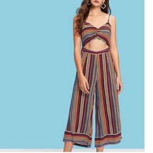SHEIN Multicolor Boho Striped Ruched Open Front Cutout Cami Jumpsuit Cropped Leg